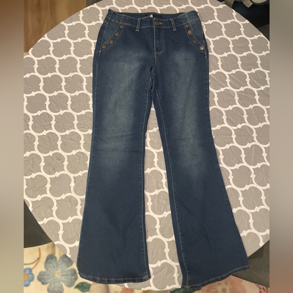 A3 Women's Denim Jeans Bootcut Flare Leg High Rise Pocket Detail 70s Vibe Sz 10